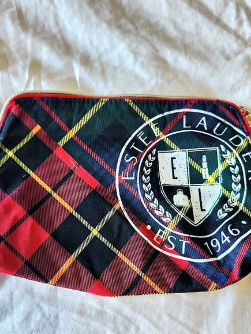 Estée Lauder Red & Blue Tartan Plaid Cosmetic Bag